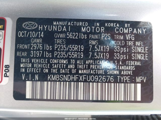 KM8SNDHFXFU092676 Hyundai Santa Fe Gls