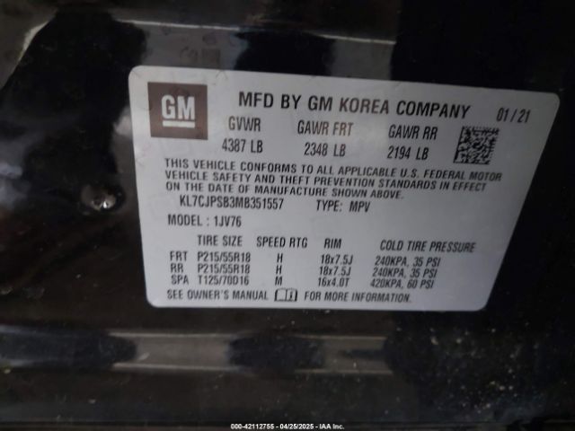 KL7CJPSB3MB351557 Chevrolet Trax Awd Lt