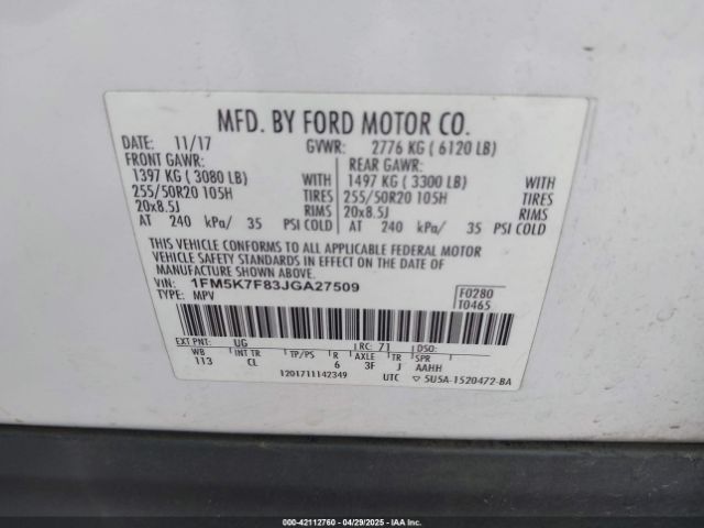 1FM5K7F83JGA27509 Ford Explorer Limited