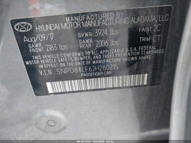5NPD84LF6JH260215 Hyundai ELANTRA SEL