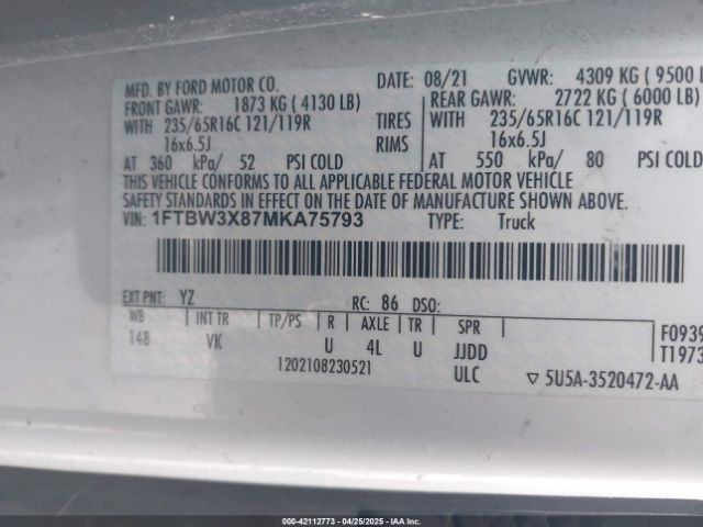 1FTBW3X87MKA75793 Ford Transit-350 Cargo Van