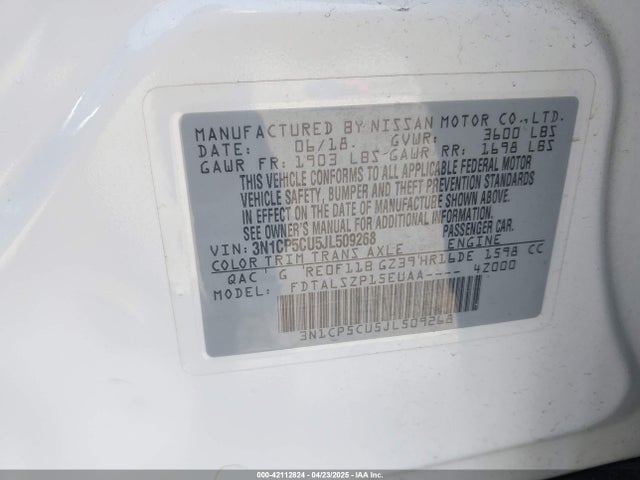3N1CP5CU5JL509268 Nissan KICKS SV