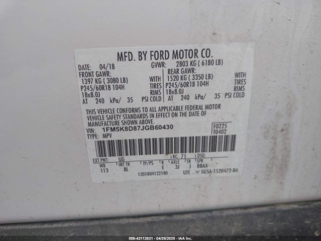 1FM5K8D87JGB60430 Ford EXPLORER XLT