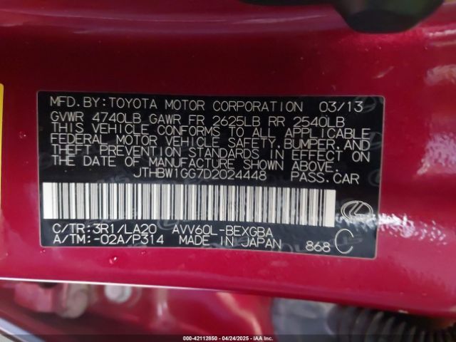 2013 LEXUS ES 300H JTHBW1GG7D2024448 Photo 8