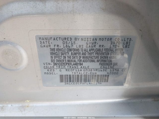 3N1CE2CPXFL440194 Nissan Versa Note S Plus