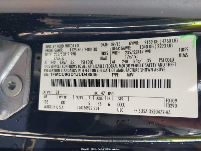 1FMCU9GD1JUD48846 Ford ESCAPE SE