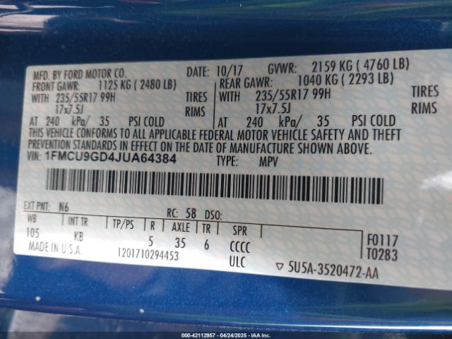 1FMCU9GD4JUA64384 Ford ESCAPE SE