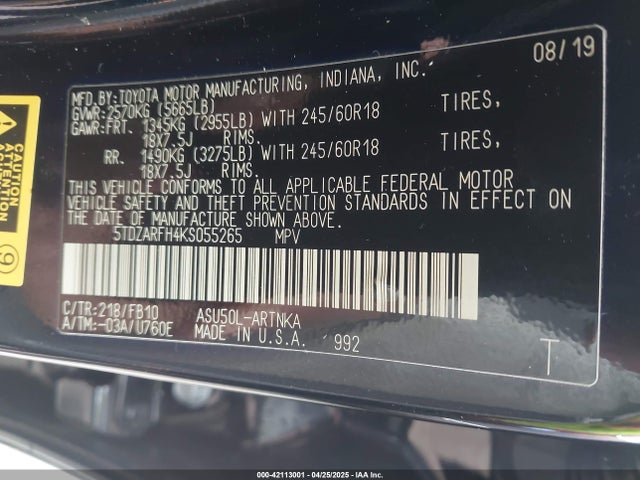 5TDZARFH4KS055265 Toyota Highlander Le