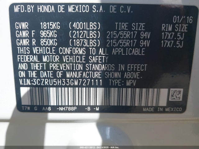 3CZRU5H33GM727111 Honda HR-V LX