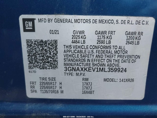 3GNAXKEV1ML359924 Chevrolet Equinox Fwd Lt