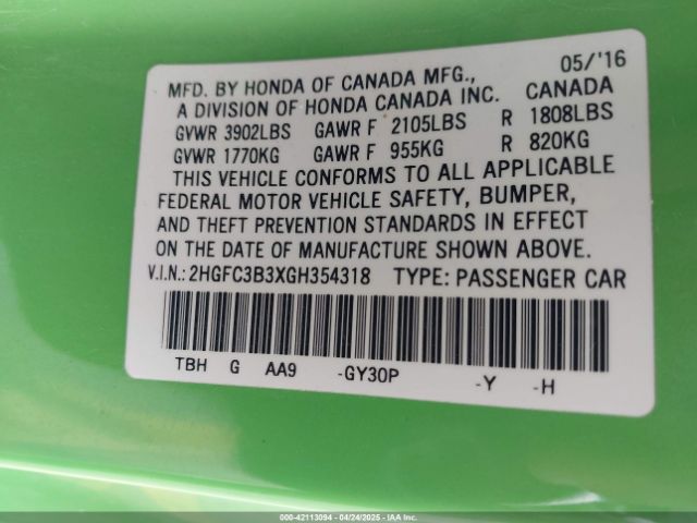 2HGFC3B3XGH354318 Honda Civic Ex-t