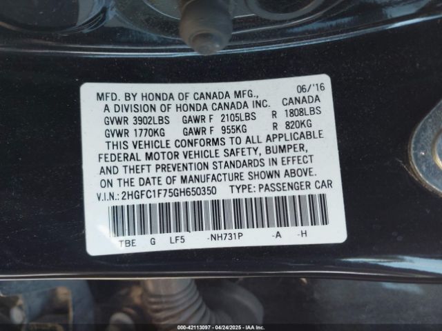 2HGFC1F75GH650350 Honda Civic Ex-l