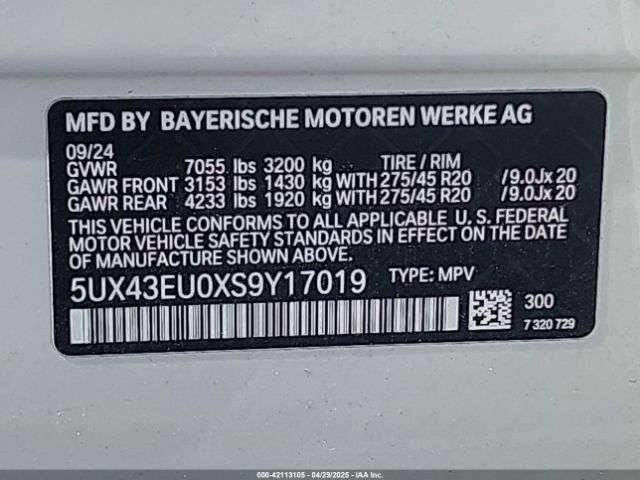 5UX43EU0XS9Y17019 BMW X5 Phev Xdrive50e
