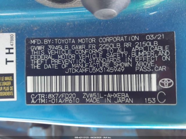 2021 TOYOTA PRIUS JTDKAMFU5M3145949 Photo 8