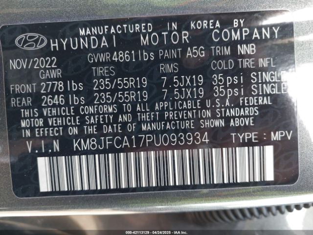 KM8JFCA17PU093934 Hyundai Tucson Hybrid Sel Convenience