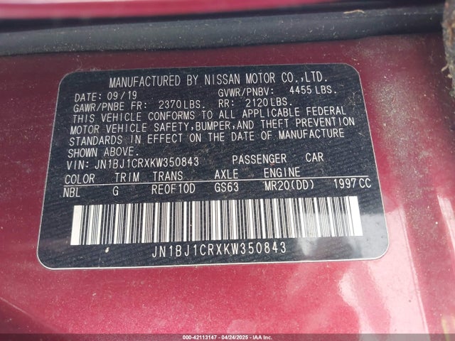 JN1BJ1CRXKW350843 Nissan Rogue Sport S