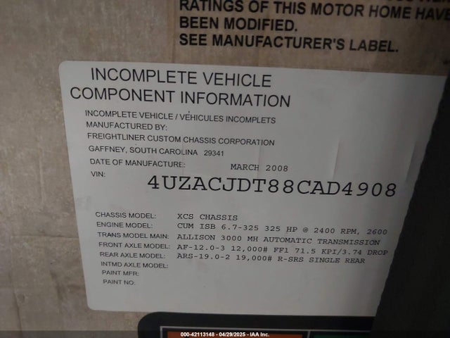 Продаж на аукціоні авто 2008 Freightliner Chassis X Line Motor Home, vin: 4UZACJDT88CAD4908, номер лоту: 42113148