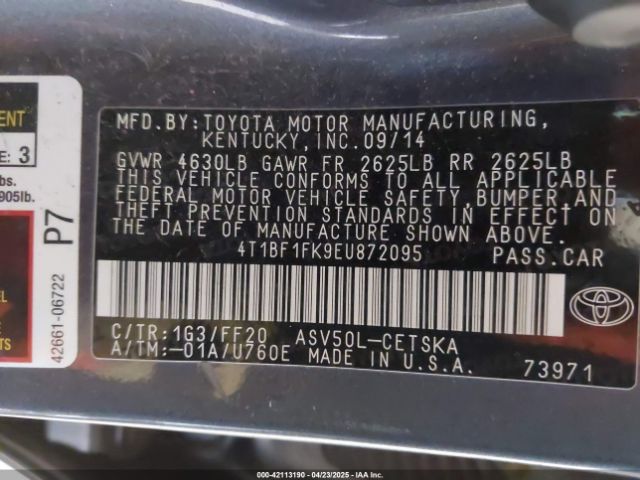 4T1BF1FK9EU872095 Toyota CAMRY SE