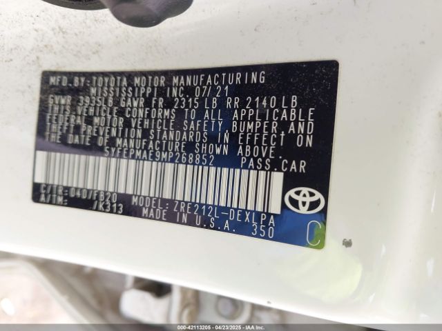 2021 TOYOTA COROLLA 5YFEPMAE9MP268852 Photo 8