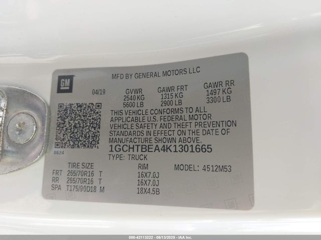 2019 Chevrolet Colorado Wt მანქანა იყიდება აუქციონზე, vin: 1GCHTBEA4K1301665, აუქციონის ნომერი: 42113222