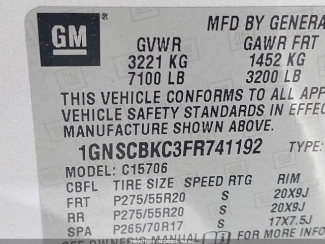 1GNSCBKC3FR741192 Chevrolet Tahoe Lt