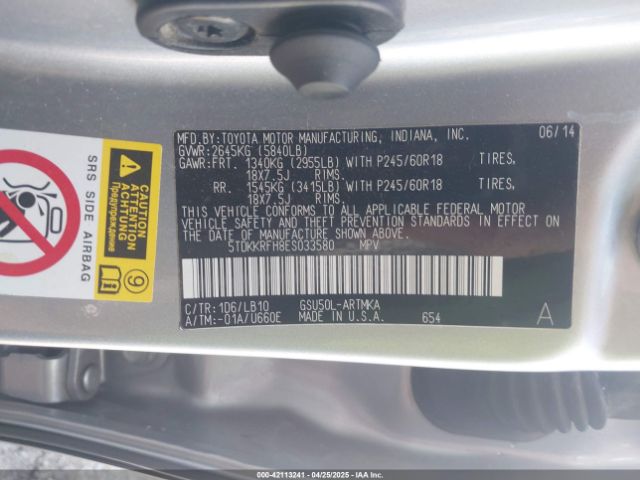 5TDKKRFH8ES033580 Toyota Highlander Xle V6