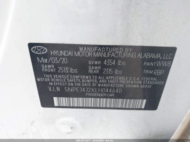 5NPEJ4J2XLH044640 Hyundai Sonata Sel Plus