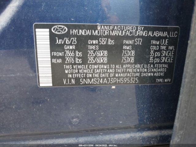 5NMS24AJ3PH595325 Hyundai Santa Fe Sel