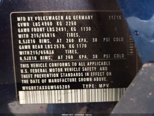 WVGBV7AXXGW565289 Volkswagen TIGUAN S