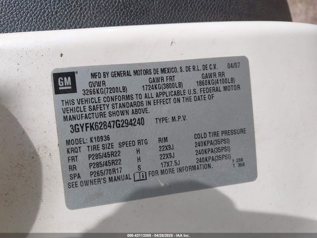 2007 CADILLAC ESCALADE EXT 3GYFK62847G294240 Photo 8