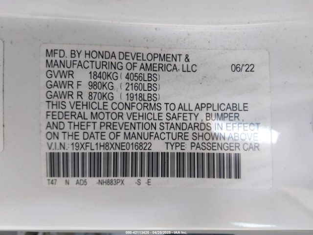 19XFL1H8XNE016822 Honda Civic Sport Touring