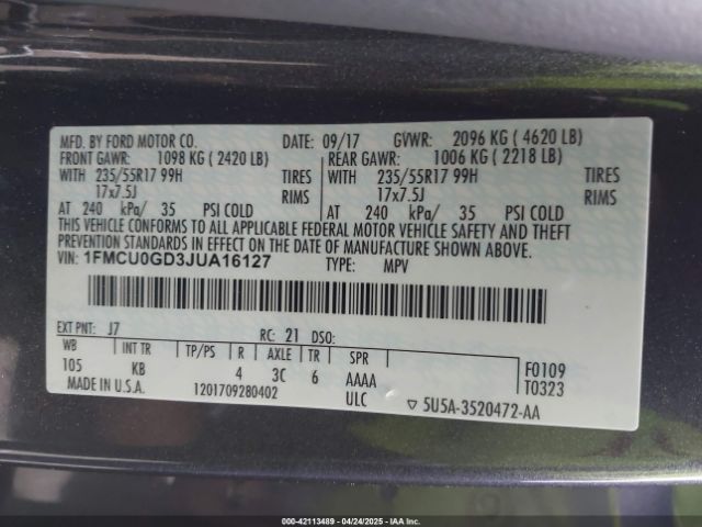 1FMCU0GD3JUA16127 Ford ESCAPE SE