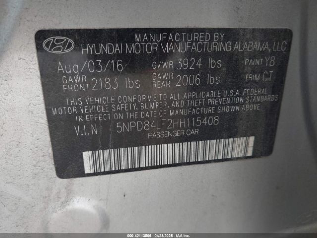 5NPD84LF2HH115408 Hyundai Elantra Limited