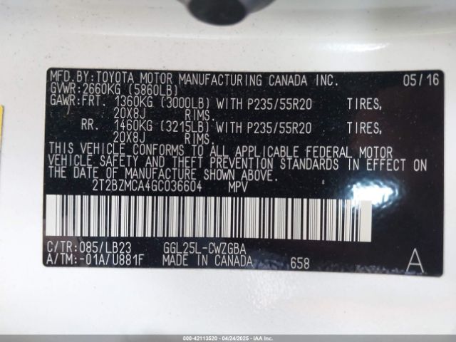 2T2BZMCA4GC036604 Lexus RX 350