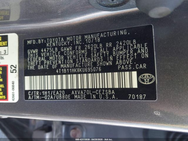 2019 TOYOTA CAMRY 4T1B11HK8KU695076 Photo 8