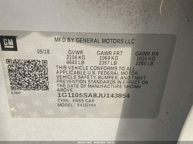 1G1105SA8JU143854 Chevrolet lcv - spark ignited direct injection, dcvcp, variable valve timing, e85 max, e0-e100, alum