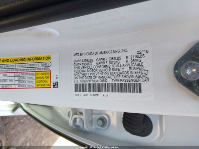 1HGCV1F68JA105852 Honda Accord Ex-l