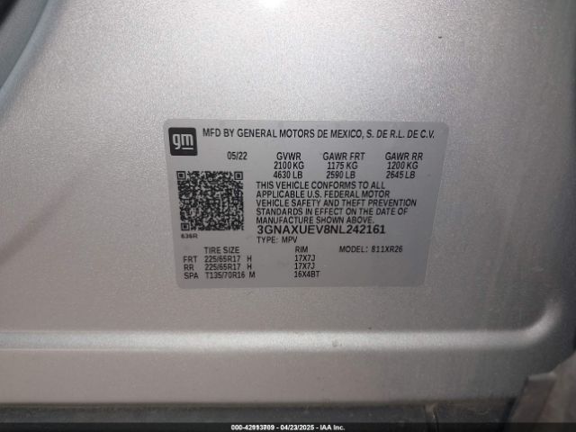3GNAXUEV8NL242161 Chevrolet Equinox Awd Lt