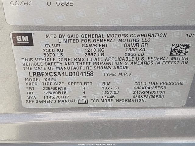 LRBFXCSA4LD104158 Buick Envision Fwd Essence