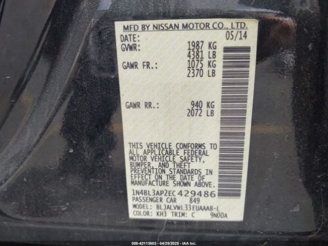 1N4BL3AP2EC429486 Nissan Altima 3.5 Sl