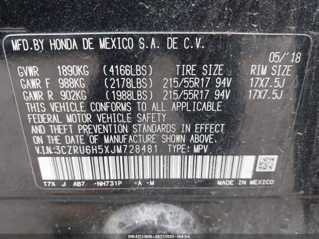 3CZRU6H5XJM728481 Honda HR-V EX