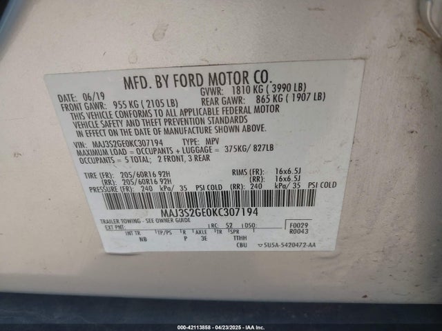 MAJ3S2GE0KC307194 Ford Ecosport Se