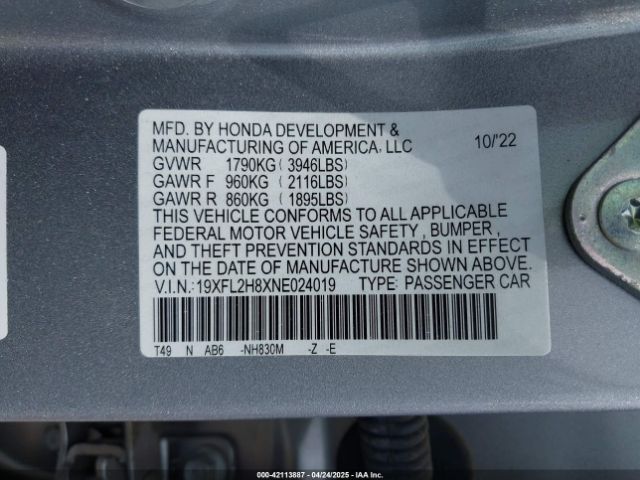 19XFL2H8XNE024019 Honda Civic Sport