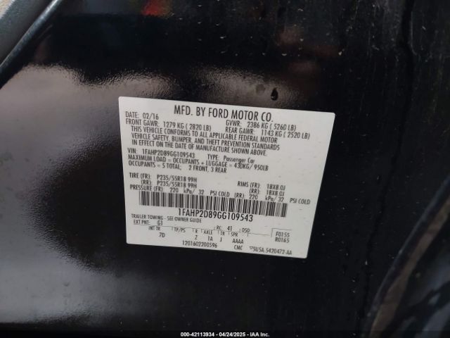 1FAHP2D89GG109543 Ford TAURUS SE