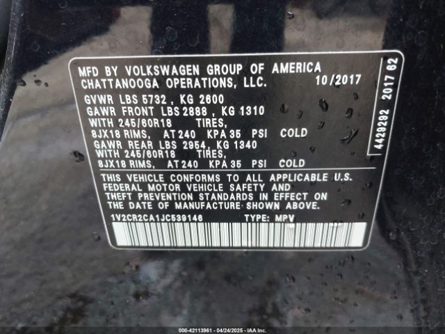 1V2CR2CA1JC539146 Volkswagen Atlas 3.6l V6 Se