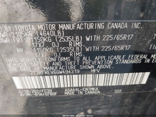 2T3RFREV6GW494319 Toyota Rav4 Xle