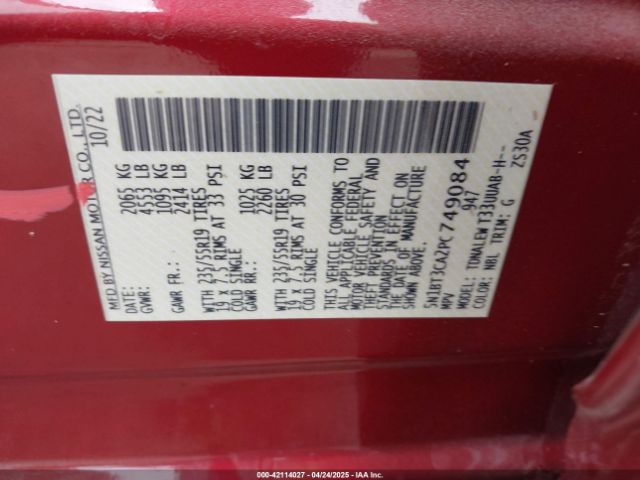 5N1BT3CA2PC749084 Nissan Rogue Sl Fwd