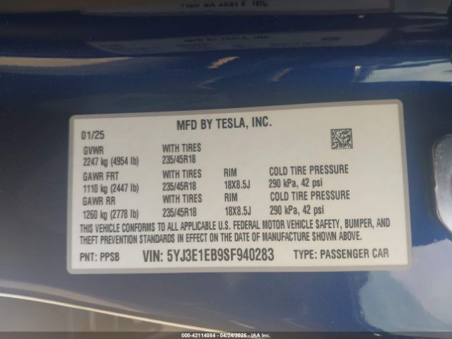 5YJ3E1EB9SF940283 Tesla 2025