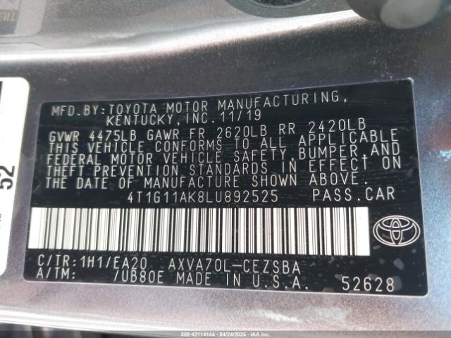 2020 TOYOTA CAMRY 4T1G11AK8LU892525 Photo 8
