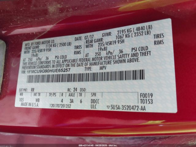 1FMCU9G90HUE65257 Ford ESCAPE SE